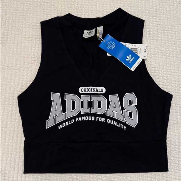 adidas Black Cropped V‑Neck Tank with Gray Logo - Picture 2 of 3